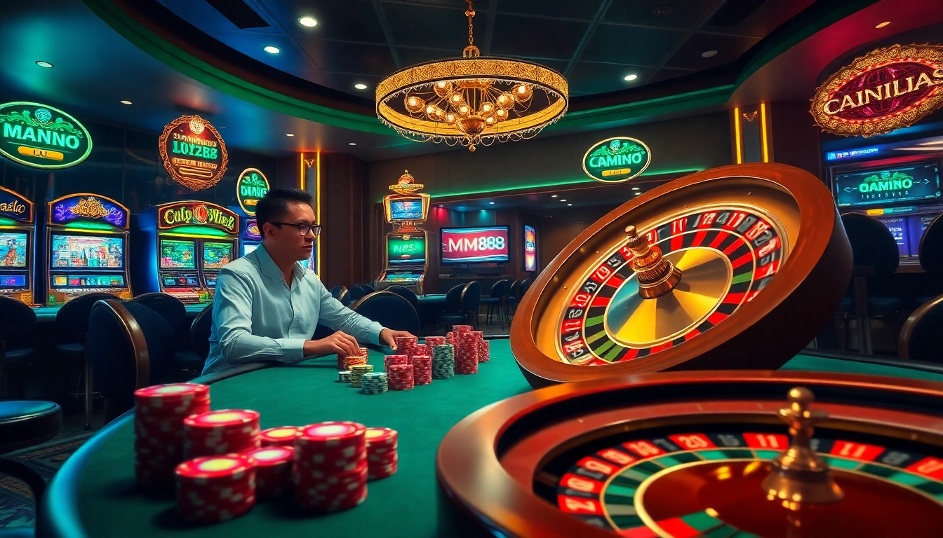 Engaging players at an MM88 poker table surrounded by slot machines in a luxurious casino setting.