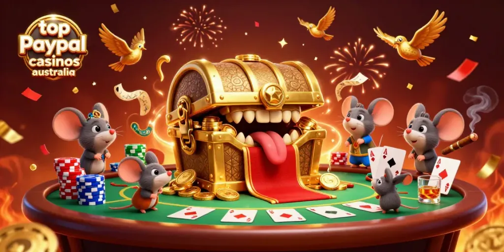 Experience the excitement at top PayPal casinos Australia with a dynamic illustration of casino elements and adventurer mice.