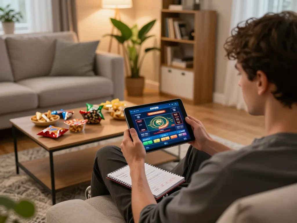 Pemain menggunakan aplikasi kasino ap686 di tablet di ruang tamu yang nyaman, dikelilingi oleh snack dan catatan strategi.