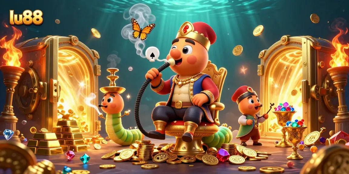 Experience thrilling gambling with lu88's vibrant atmosphere featuring poker hand symbols and treasure.
