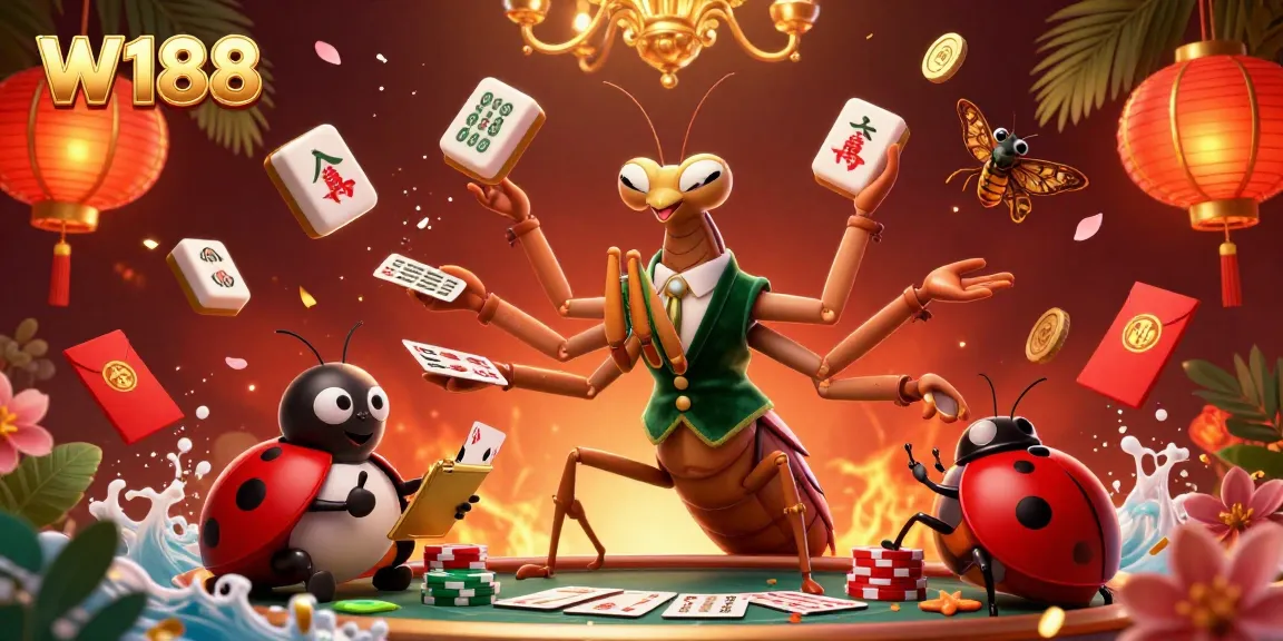 W188 vibrant casino scene with giant praying mantis card sharp dealing cards and chips.
