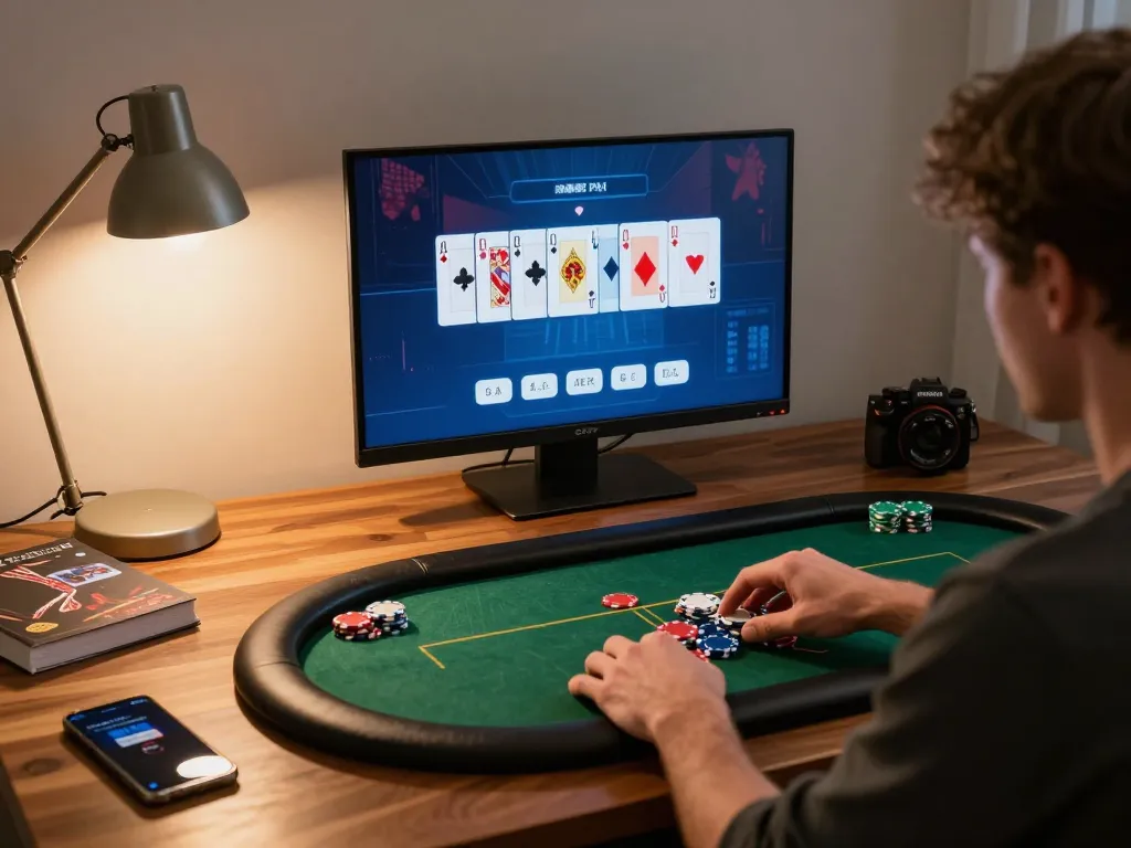 Player placing bets in a go 8 online poker game at home, showcasing strategic gameplay in a cozy setting.