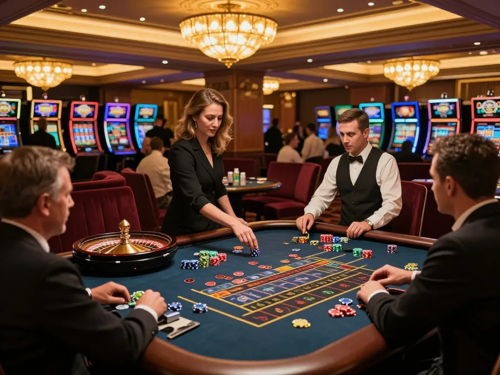 Players enjoying a thrilling roulette game at qq8827 casino, engaging with vibrant chips and a spinning wheel.