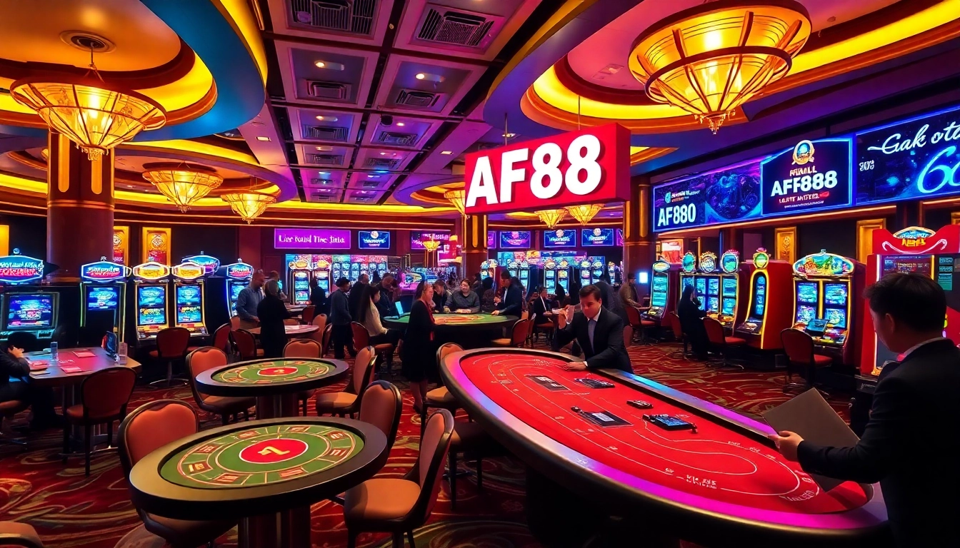 Engage with the thrilling atmosphere of AF88 online casino featuring vibrant slot machines and poker tables.