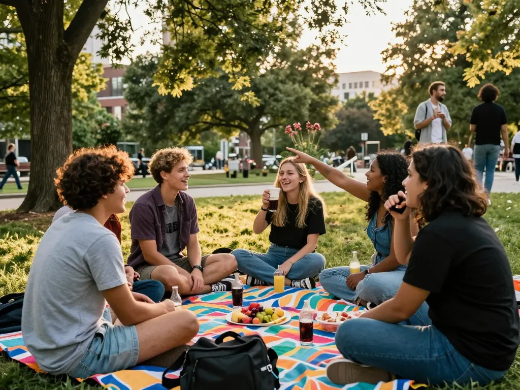 Young adults enjoying a picnic in the park, discussing crush on someone nearby.