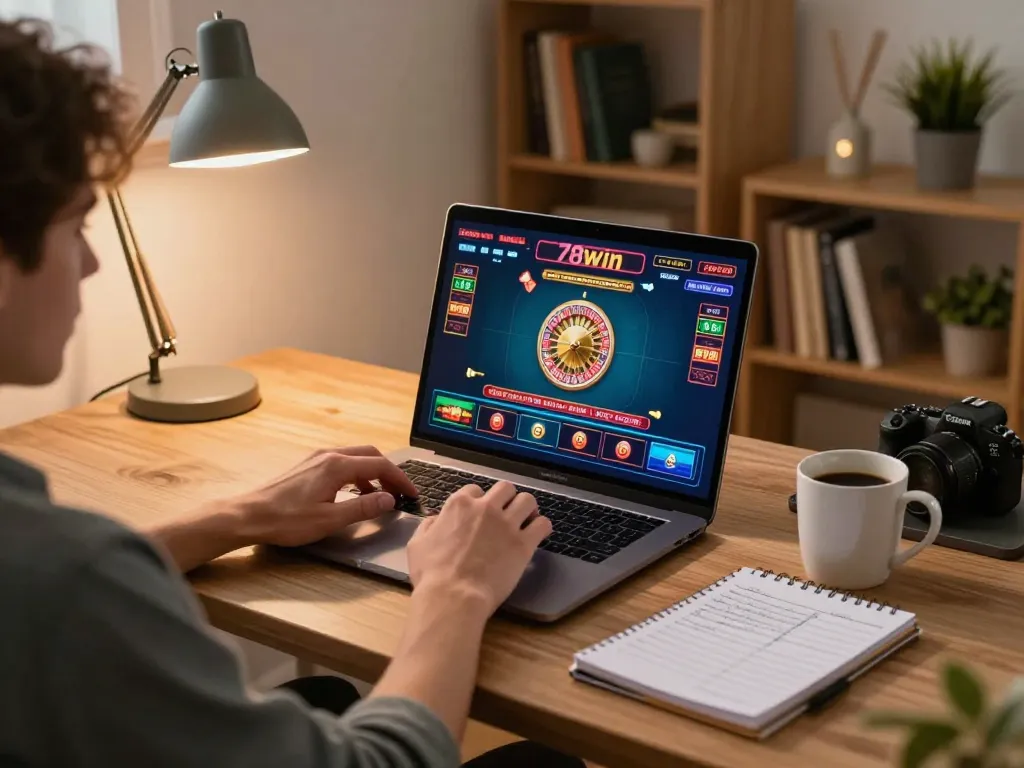 Engaging scene of a player enjoying casino 78win game at home with notebook and coffee.