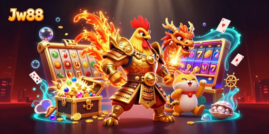 Engage with Jw88's thrilling casino experience through a vibrant illustration of a samurai rooster warrior and dragon.