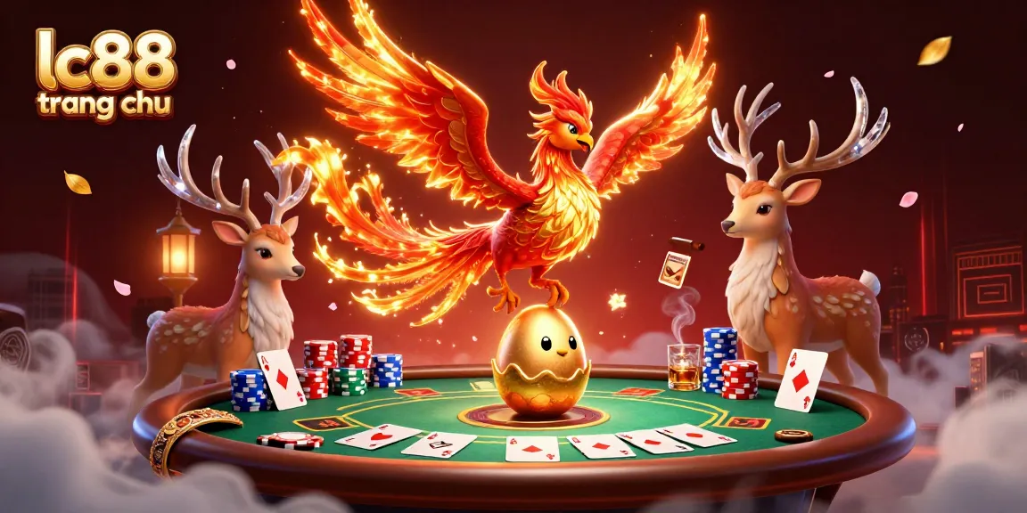 Win big at lc88 trang chu with vibrant gaming scenes featuring a fire phoenix and poker action.