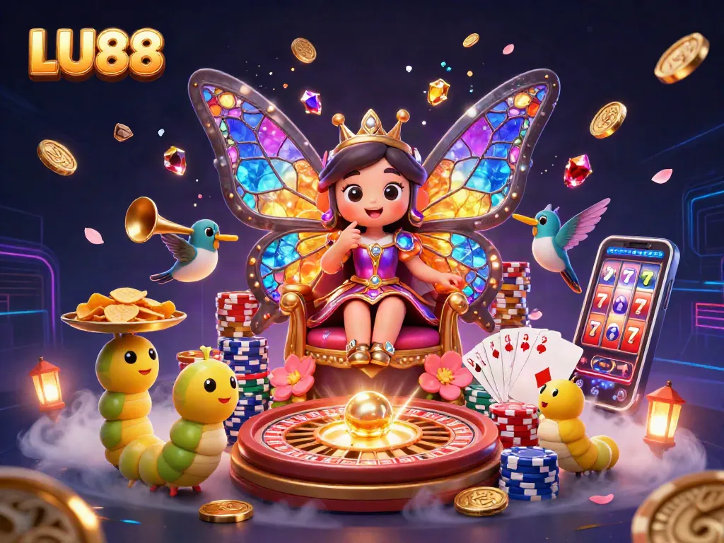 Experience thrilling gameplay at LU88, where a butterfly queen reigns in a vibrant casino scene.