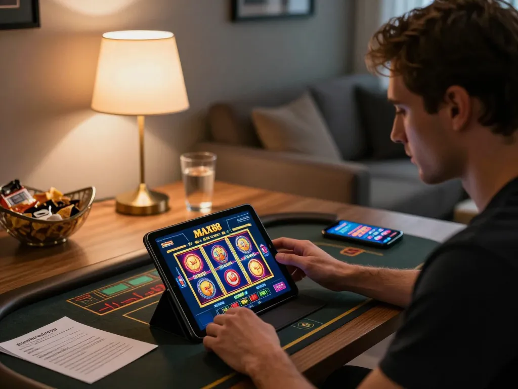 Max88 user engaging with vibrant slot games on a tablet in a cozy home setting