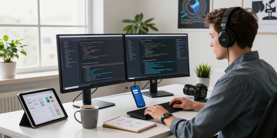 Engaging tech workspace featuring a developer coding Telegram download API integrations on dual monitors amidst a modern office setup.