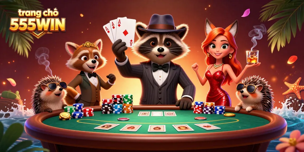 Experience excitement at trang chủ 555WIN with a charming casino scene featuring raccoon, fox, and hedgehog characters.