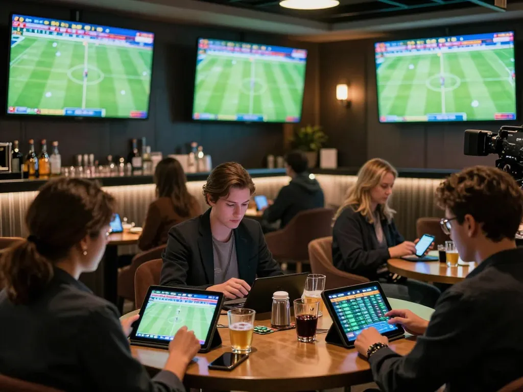 Engaged gamblers analyzing odds for Kèo nhà cái 88 in a stylish sports betting lounge atmosphere