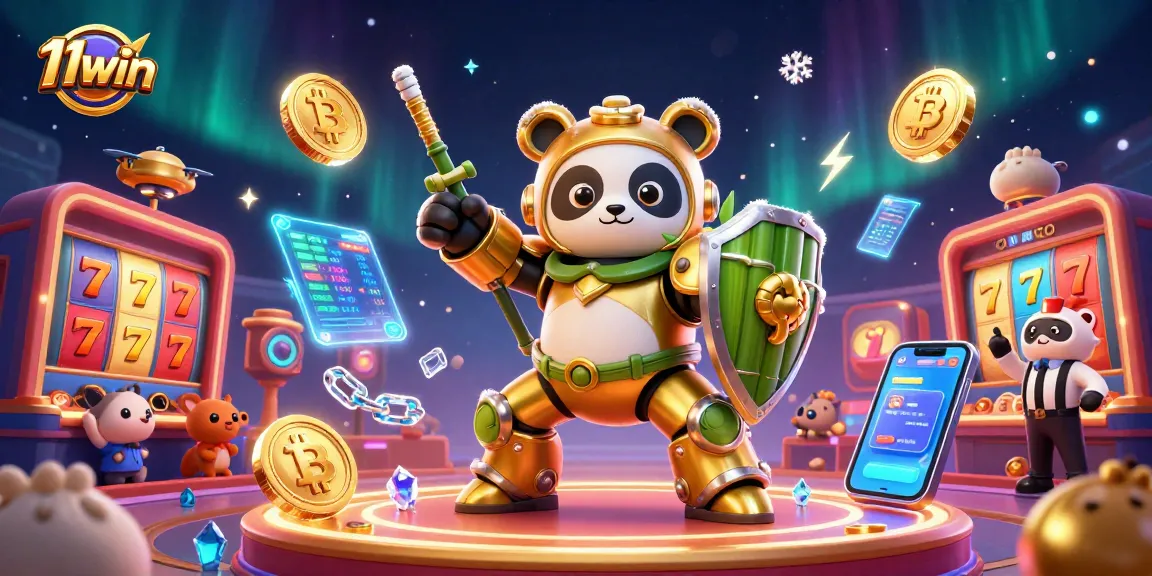 Engage with 11win’s immersive casino atmosphere featuring a 3D golden panda piloting a robot armed with slots and crypto coins.