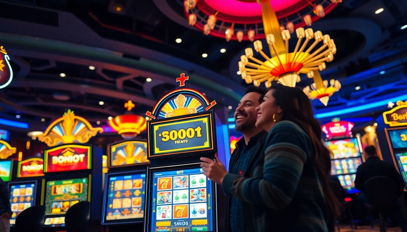 Neue casino bonus ohne einzahlung erleben – Paar mit Glücksspielen in luxuriösem Casino-Ambiente.