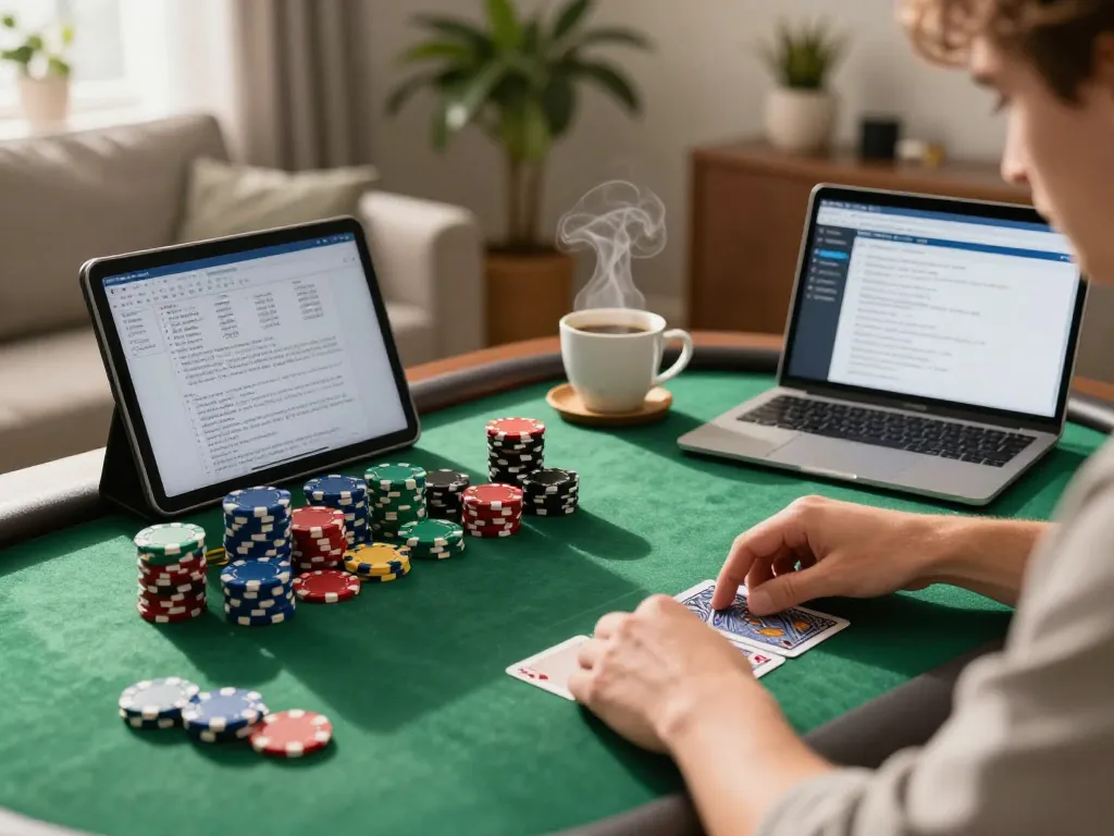 Pemain terlibat menggunakan aplikasi halo777 untuk permainan poker yang intens di rumah, menunjukkan kartu dan chip.