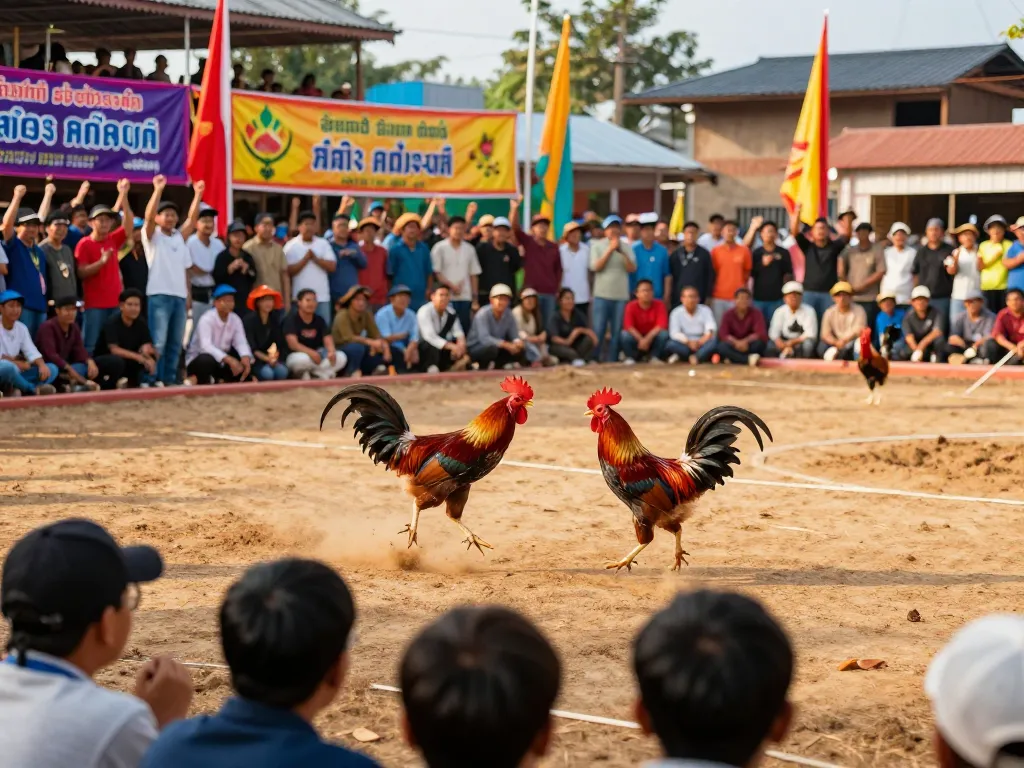 Exciting đá gà thomo cockfighting scene with roosters battling in an arena, vibrant crowd atmosphere
