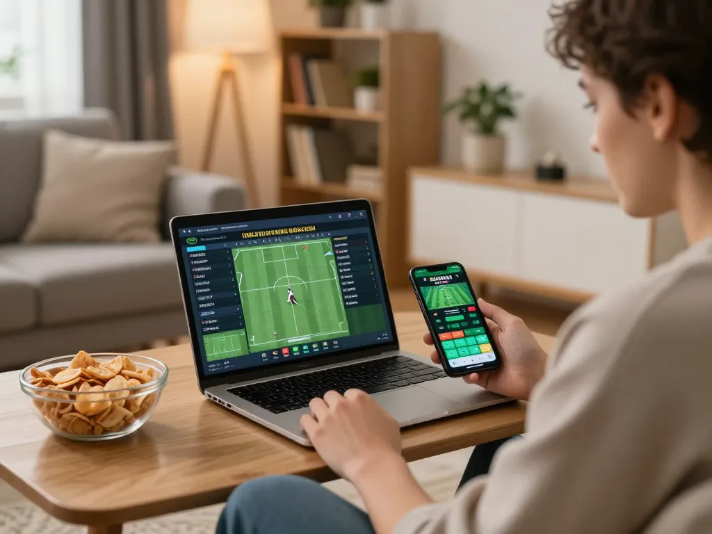 Engaging in keo nha cai sports betting at home with live odds displayed on laptop