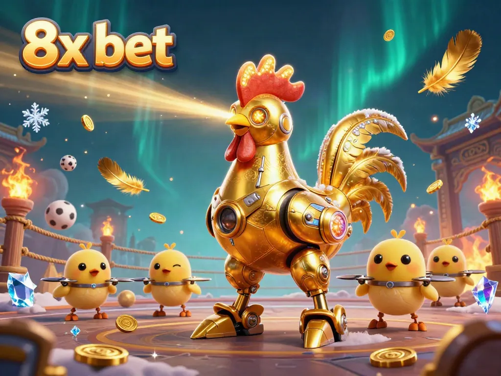 Experience the dynamic world of 8x bet with a futuristic golden rooster robot engaging in sports betting action.