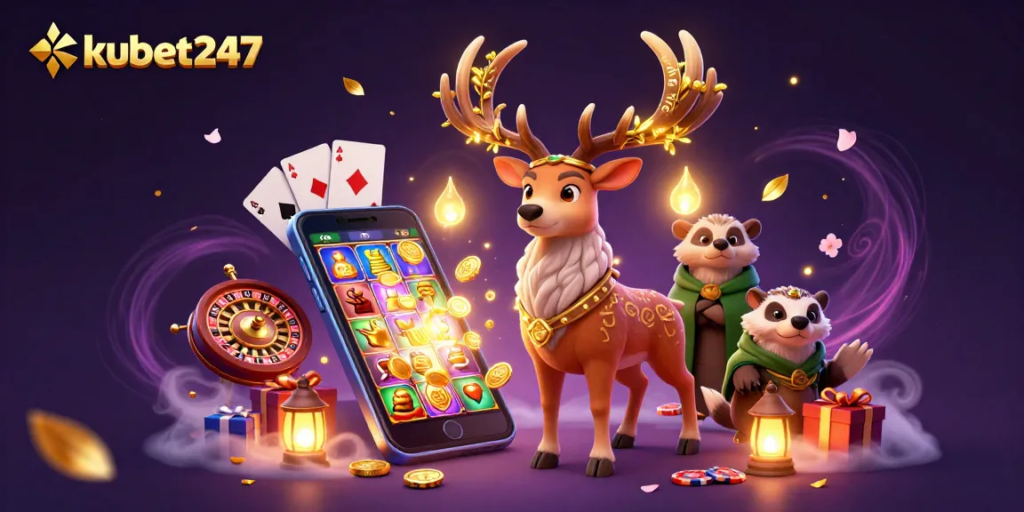 Engage with kubet247's thrilling gaming world, featuring magical creatures amidst vibrant slot games.