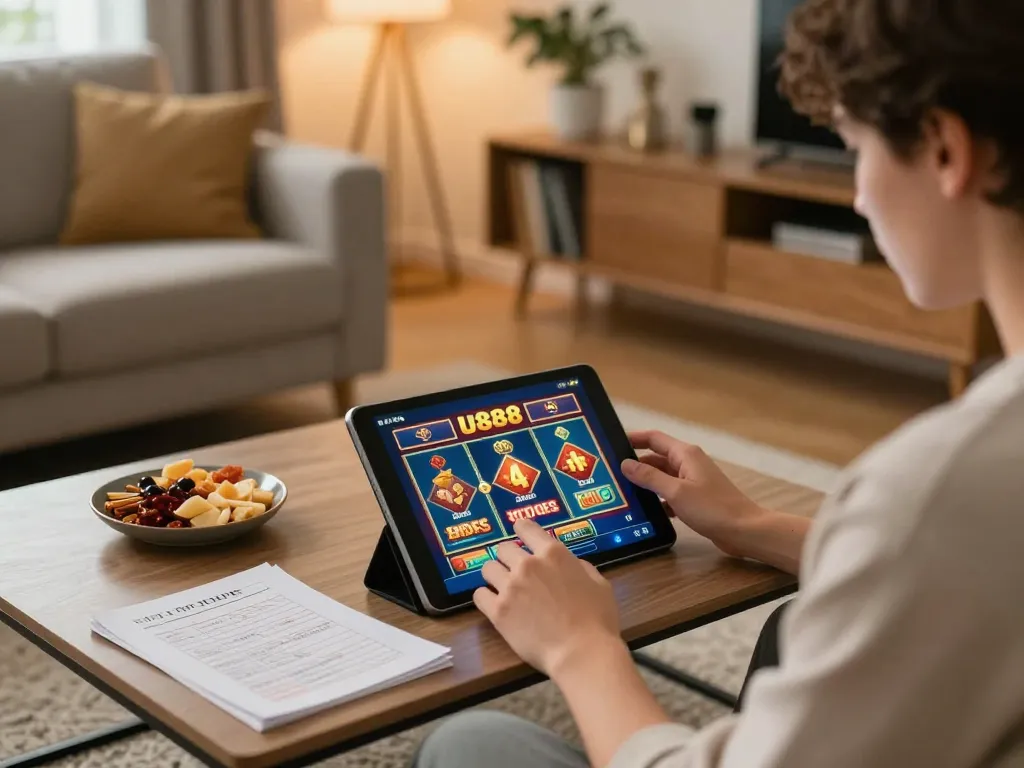 Player enjoying U888 slots on a tablet in a cozy living room, surrounded by betting strategy notes and snacks.