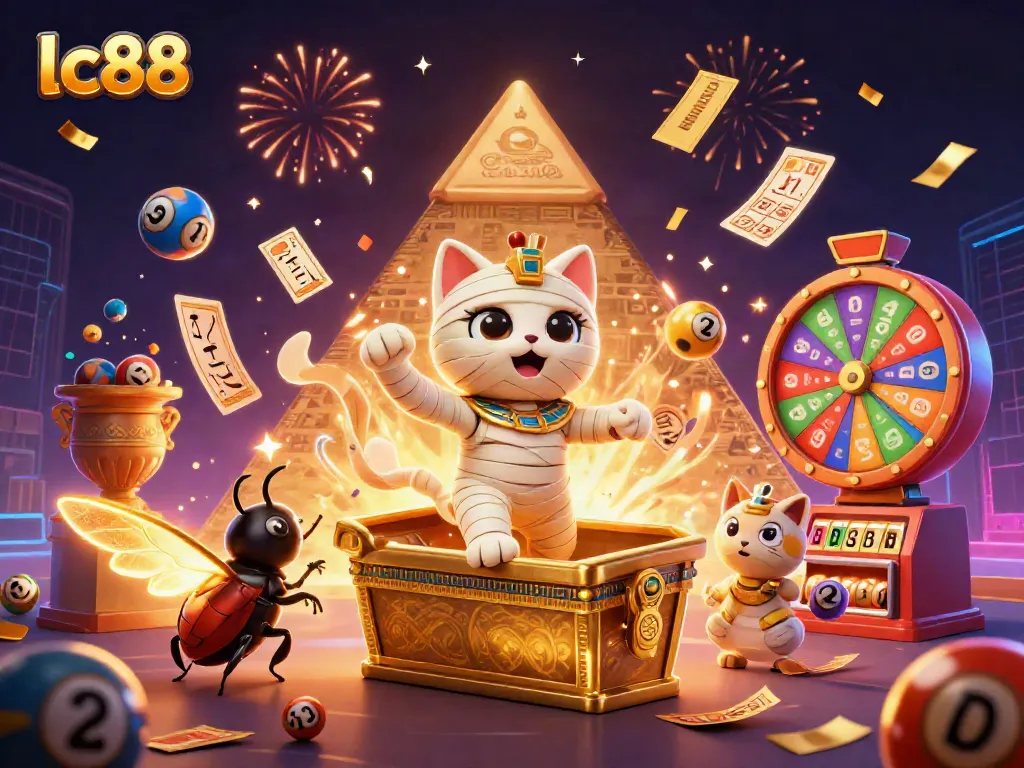 Celebrate big wins at lc88 with vibrant 3D illustration featuring a mummy cat and rich casino elements.