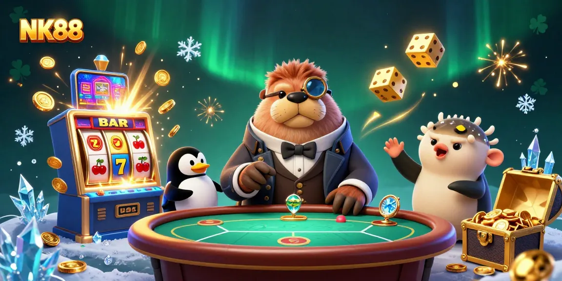 Experience the vibrant world of NK88, featuring a jolly walrus at a captivating underwater poker table surrounded by thrilling casino elements.