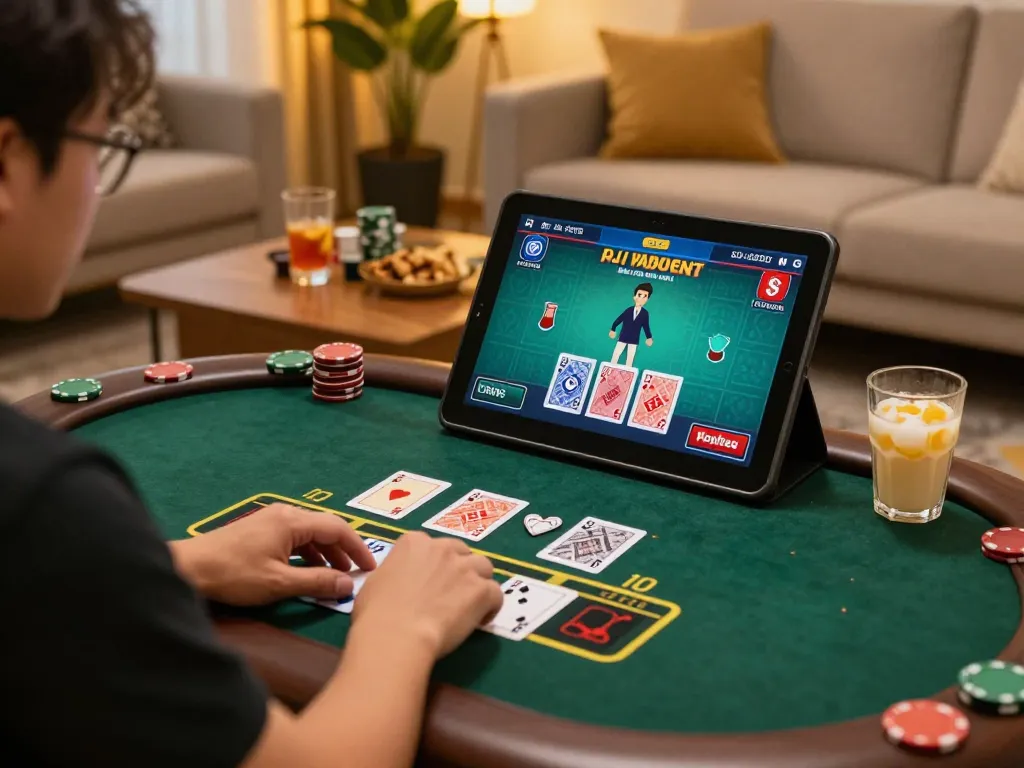 Player enjoying live dealer blackjack at home, showcasing the convenience of nhà cái kp88 online gaming experience.