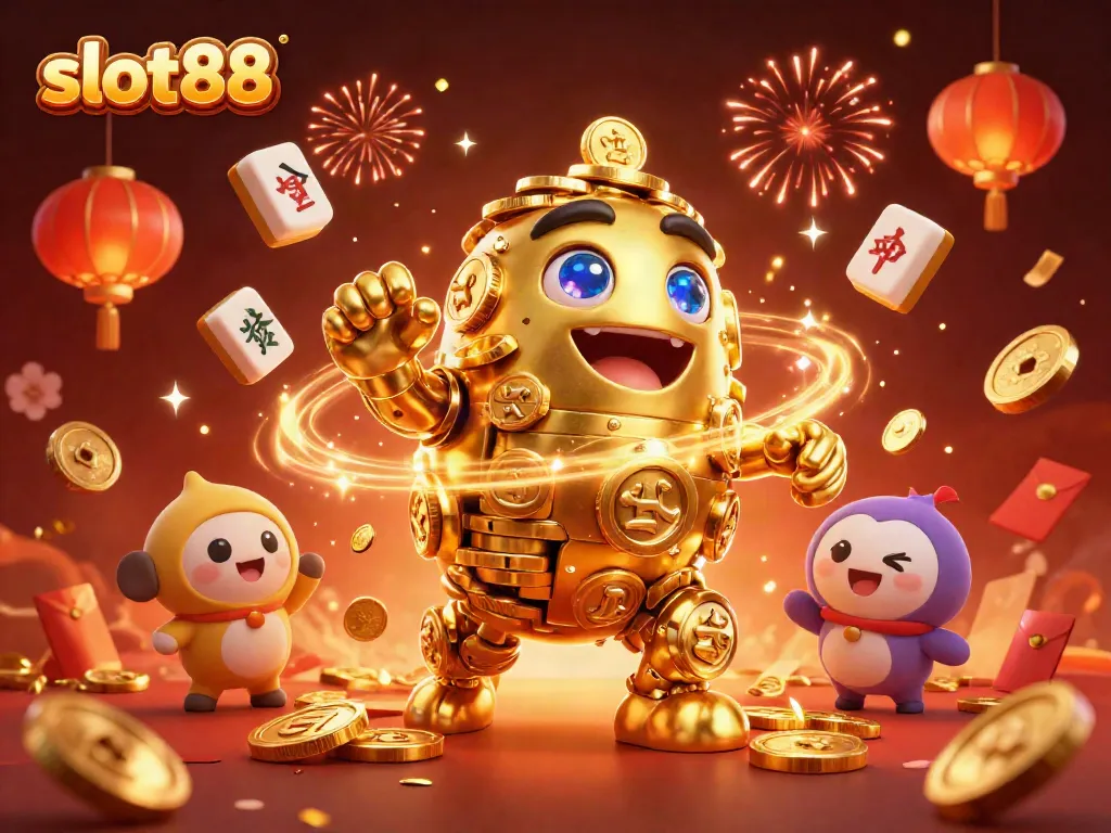Experience thrilling gameplay at slot88 with a golden golem and festive casino elements.