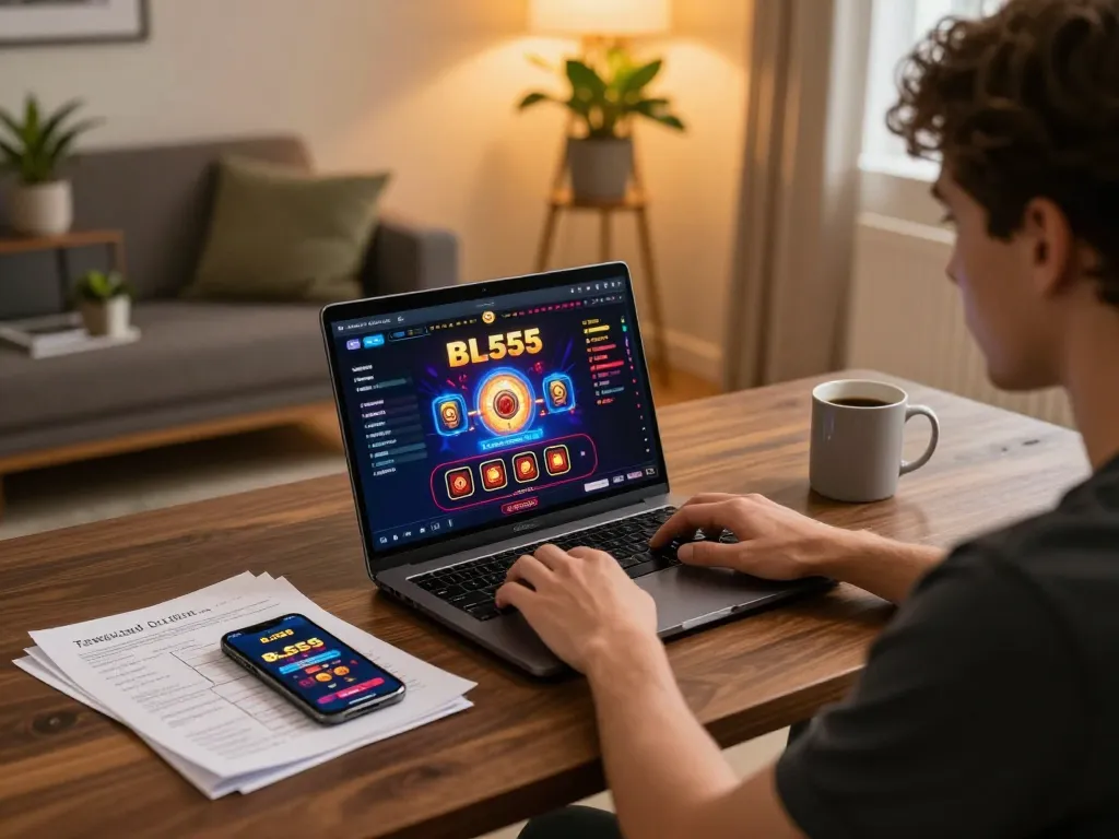 Player engaging with the BL555 online casino on a laptop, showcasing a strategic gaming environment.