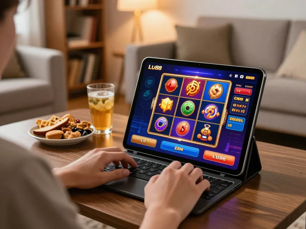 Playing Lu88 slots on a tablet in a cozy home setting, showcasing online gambling fun.