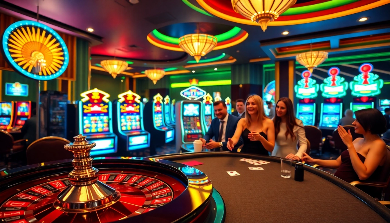 Engaging casino scene showcasing features of https://f168.vision/ with roulette wheel and excited players.