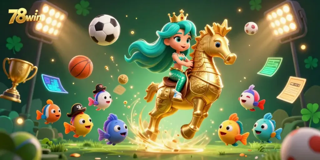 Experience thrilling casino action with 78win's vibrant gaming scene featuring mermaid and seahorse characters.
