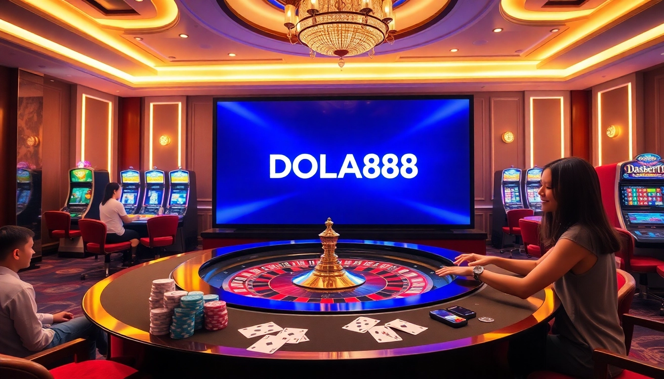 DOLA88 players immersed in a luxurious online casino experience with engaging games and vibrant atmosphere.
