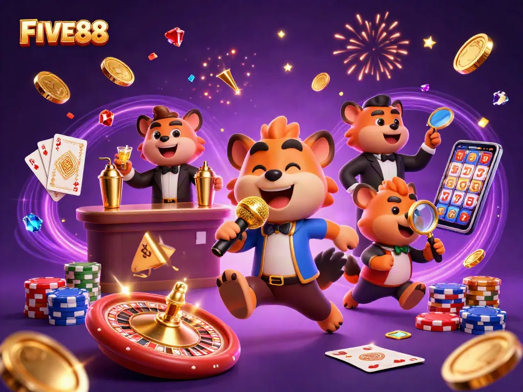 FIVE88 casino scene with hyenas as entertainers, showcasing vibrant games and thrilling action.
