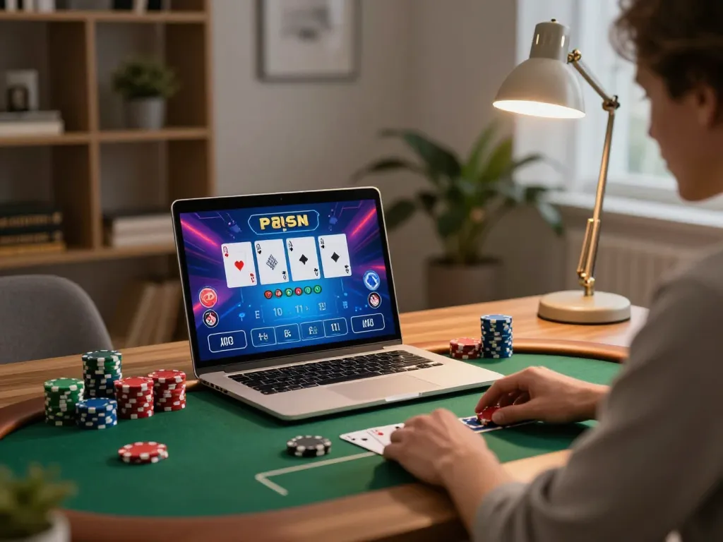 Engaging in poker at home on torxentertainment platform with a stylish laptop setup.