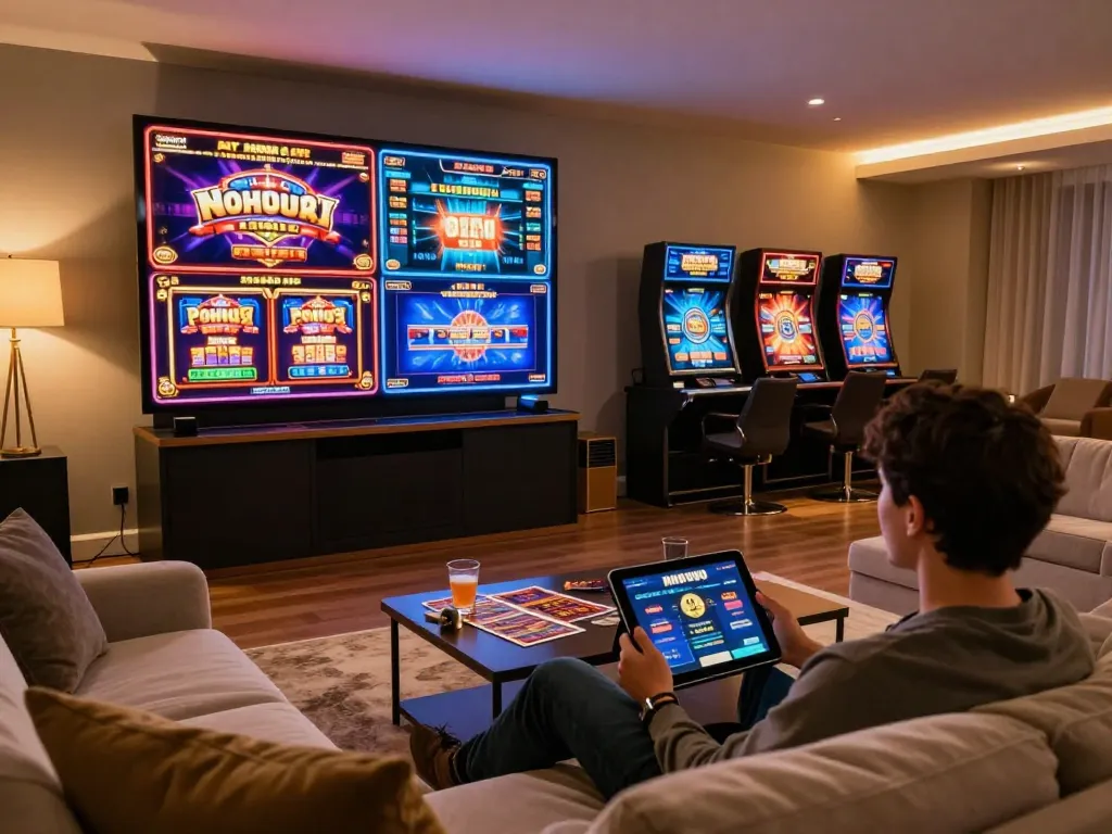 Engaged player exploring nohu90 online casino slots on tablet in a cozy living room.
