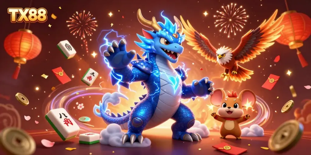TX88 players engaging in thrilling casino action surrounded by vibrant 3D game elements and celebratory effects.
