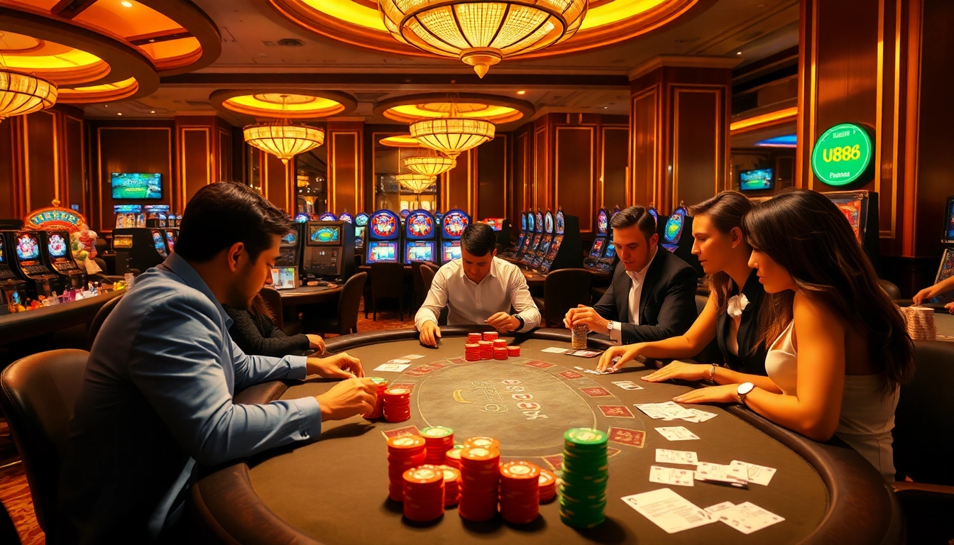 Players engaging in a thrilling poker game at U8888, featuring vibrant chips and a glamorous casino atmosphere.