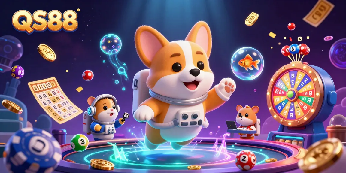 Experience thrilling gaming excitement with QS88 in an ultra-detailed space casino scene filled with colorful lottery balls.
