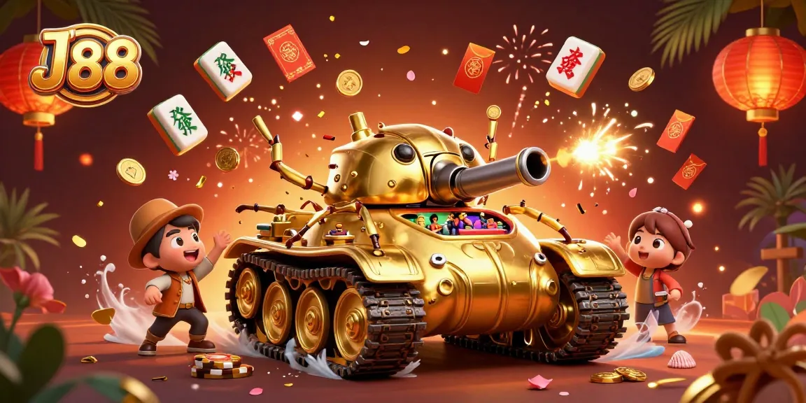 Engage with exciting games at J 88, a vibrant casino scene filled with vibrant decorations and dynamic characters.