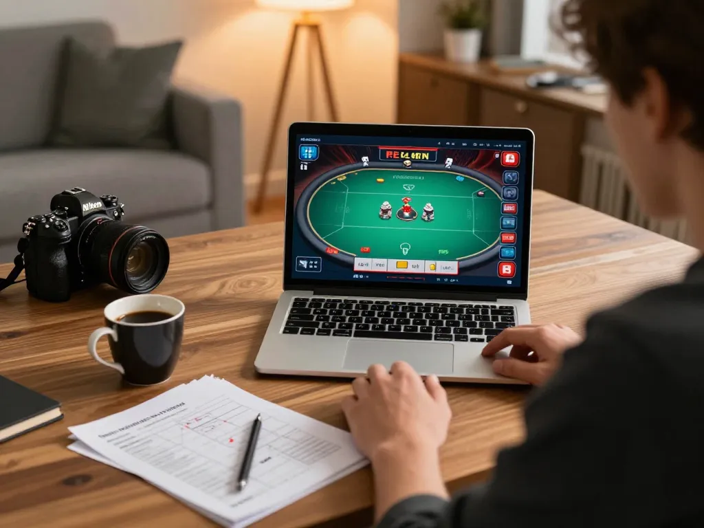 Engaging online poker session with vin88 on laptop, emphasizing strategic gameplay in a cozy home office.