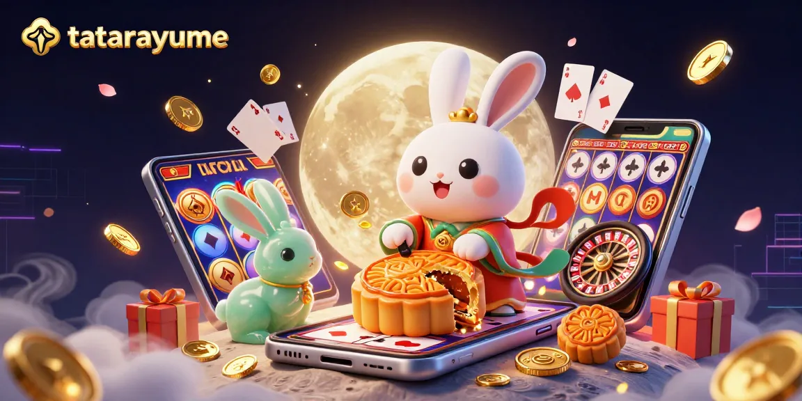 Engage with tatarayume's vibrant 3D casino scene featuring a moon rabbit and poker elements.