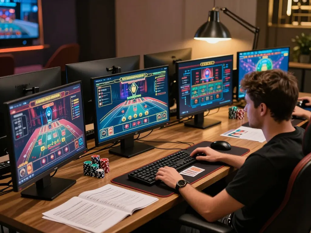 Player strategizing in an advanced online gaming setup on their tablet, engaging with scap casino games.