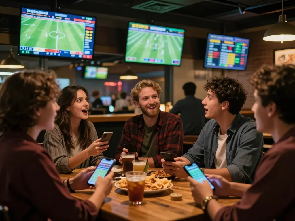 Excited friends engaging in sports betting while watching keo nha cai matches on large screens.