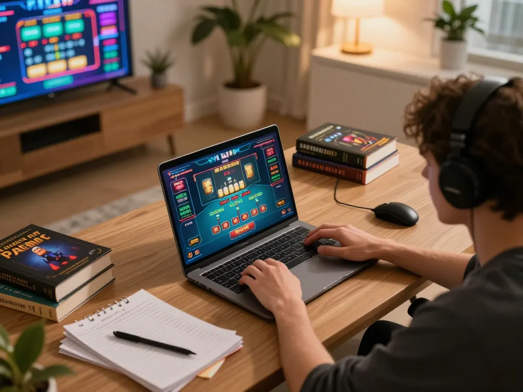 Player enjoying online casino games at home with 78win, showcasing a strategic and relaxed gaming environment
