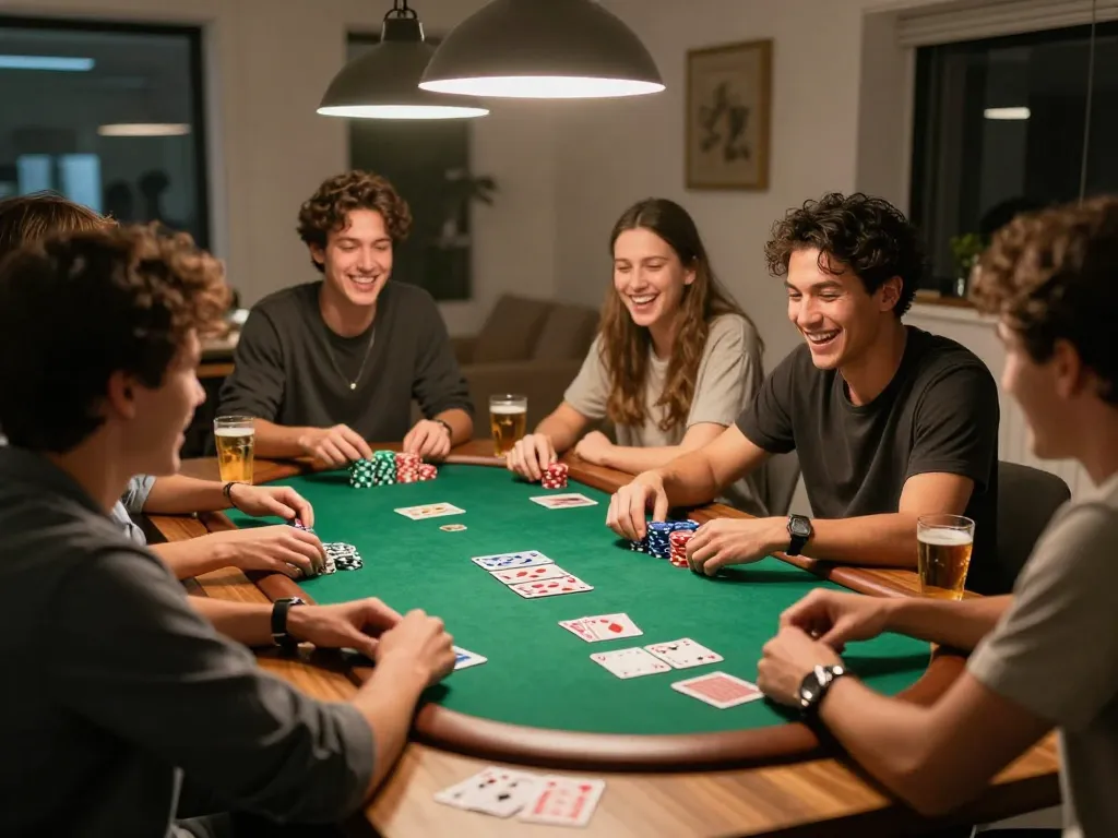 Friends enjoying a lively poker game experience at home, showcasing strategic play and fun with CM88 branding.