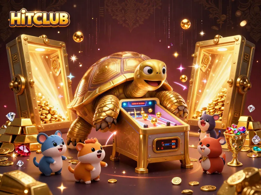 Experience the exciting HITCLUB gaming adventure with a vibrant 3D illustration of casino fun filled with treasures.
