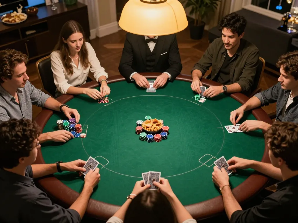 Engaged players strategizing at a poker table in a home game, showcasing j188's vibrant social gambling atmosphere.
