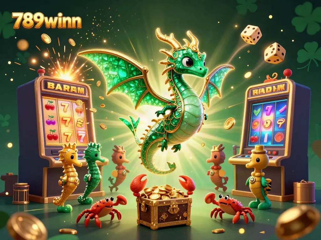 Experience the enchanting world of 789winn with vibrant casino-themed 3D illustration showcasing dragons and treasures.